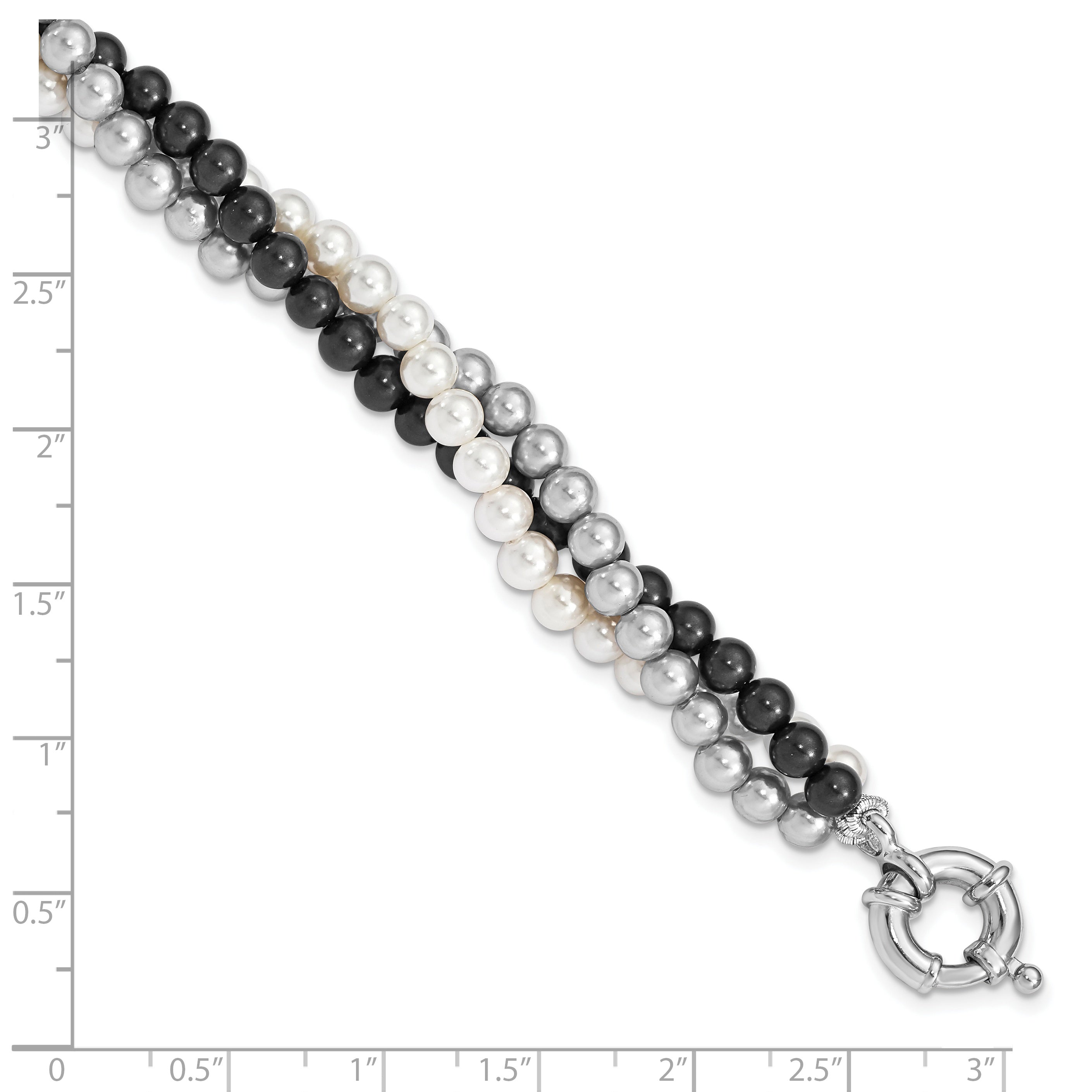 Majestik Sterling Silver Rhodium-plated 3 Row 4-5mm White Grey Black Imitation Shell Pearl Hand-knotted Bracelet