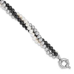 Majestik Sterling Silver Rhodium-plated 3 Row 4-5mm White Grey Black Imitation Shell Pearl Hand-knotted Bracelet