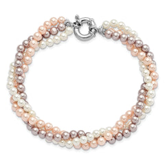 Majestik Sterling Silver Rhodium-plated 3Row 4-5mm White Pink Purple Imitation Shell Pearl Hand-knotted Bracelet