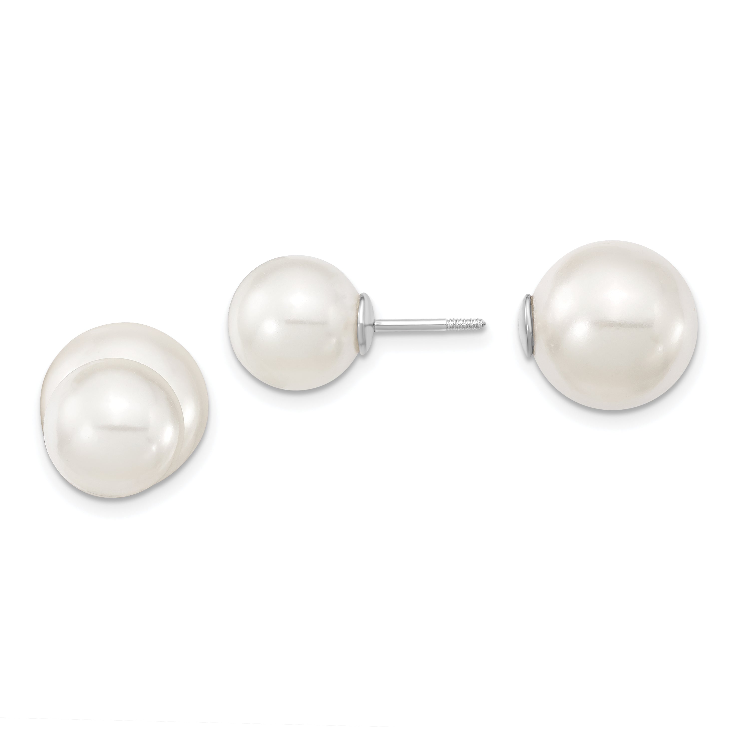 Majestik Sterling Silver Rhodium-plated 10-11mm and 11-12mm White with White Imitation Shell Pearl Front Back Post Earrings