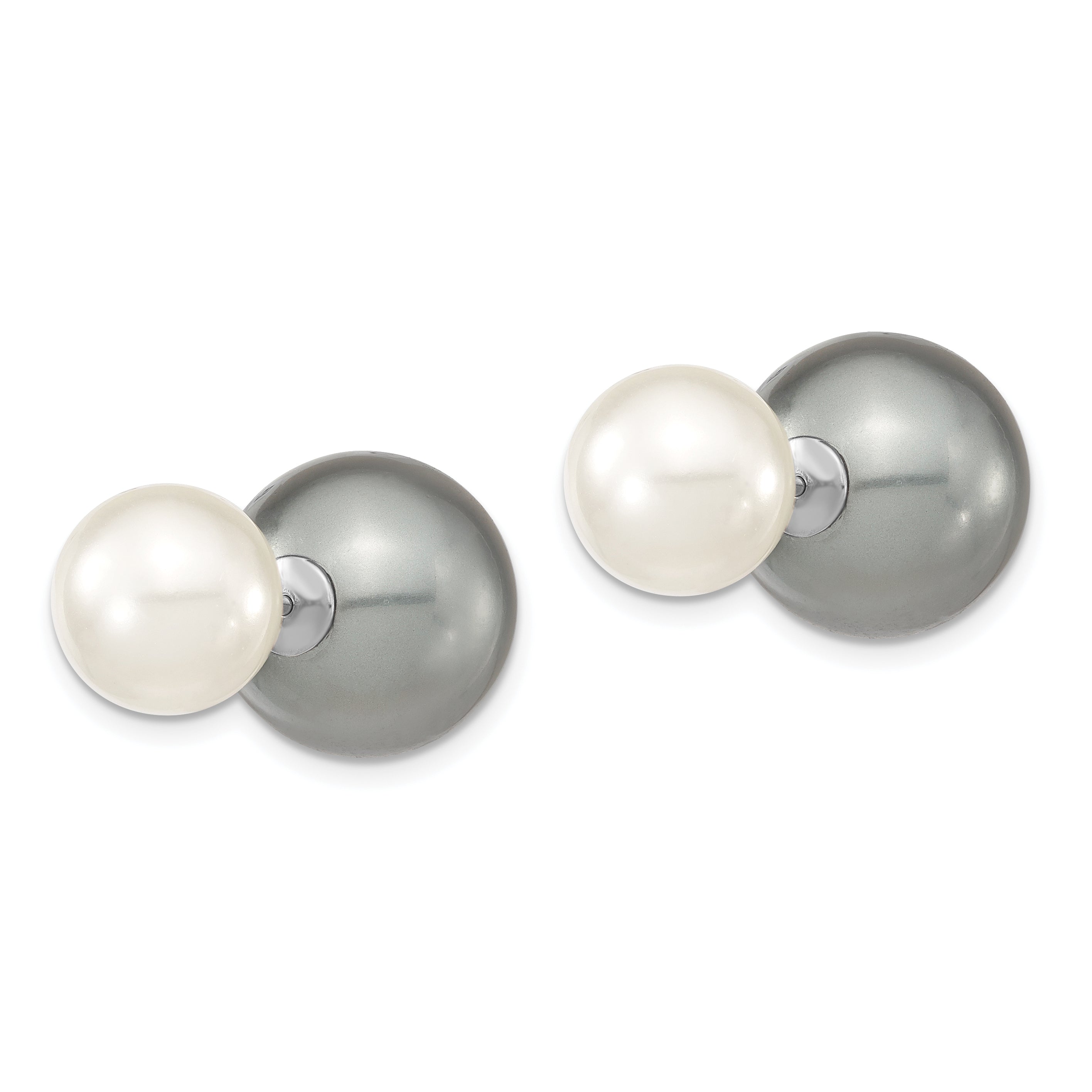 Majestik Sterling Silver Rhodium-plated 10-11mm and 14-15mm Grey with White Imitation Shell Pearl Front Back Post Earrings