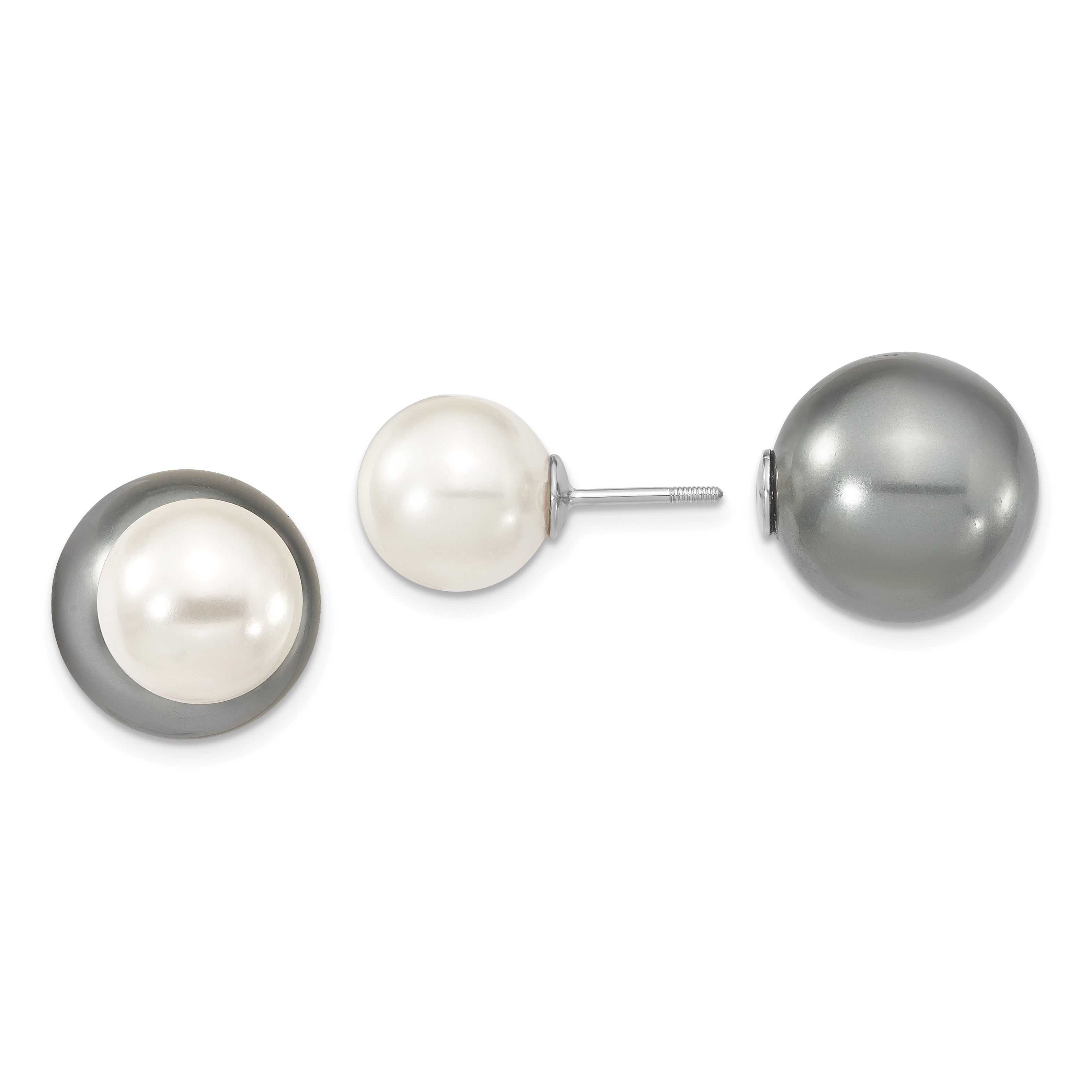 Majestik Sterling Silver Rhodium-plated 10-11mm and 14-15mm Grey with White Imitation Shell Pearl Front Back Post Earrings