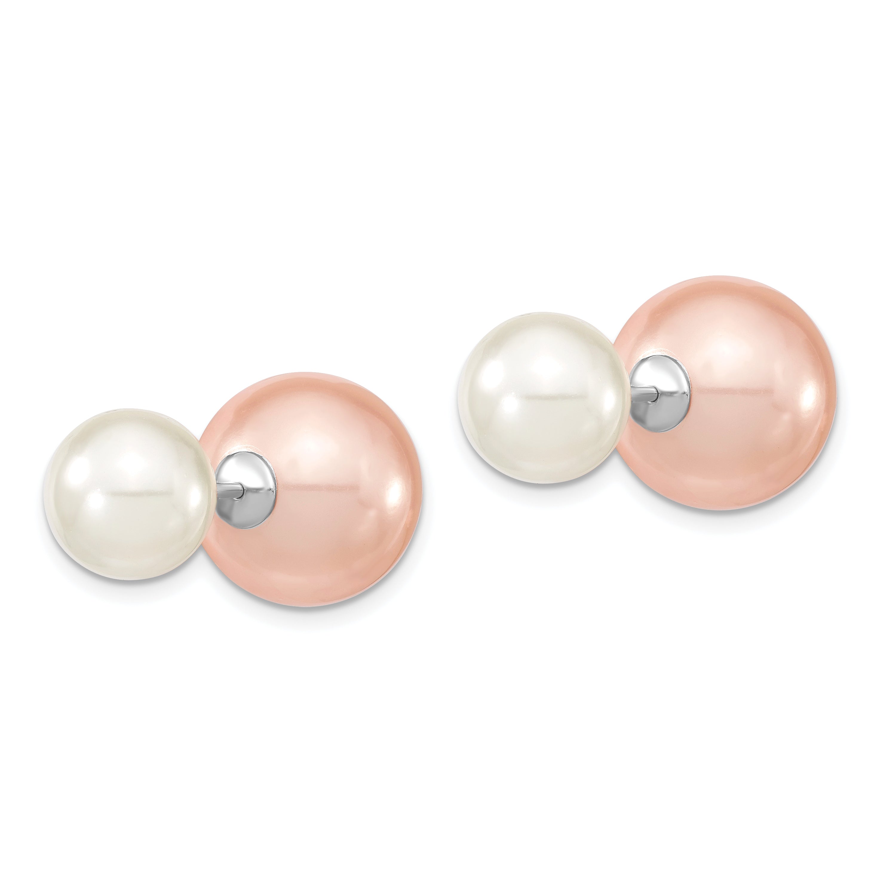 Majestik Sterling Silver Rhodium-plated 10-11mm and 14-15mm Pink with White Imitation Shell Pearl Front Back Post Earrings