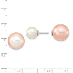 Majestik Sterling Silver Rhodium-plated 10-11mm and 14-15mm Pink with White Imitation Shell Pearl Front Back Post Earrings