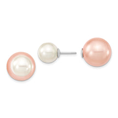 Majestik Sterling Silver Rhodium-plated 10-11mm and 14-15mm Pink with White Imitation Shell Pearl Front Back Post Earrings