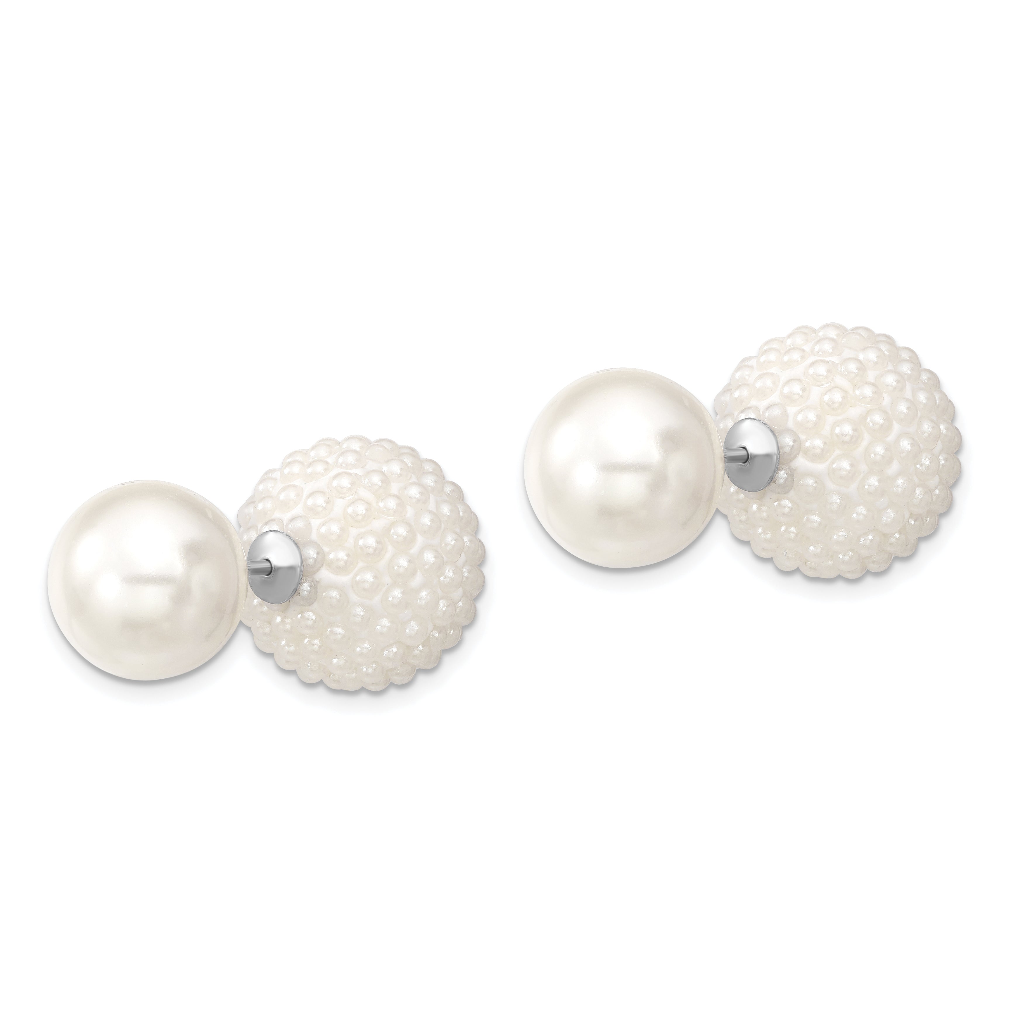 Majestik Sterling Silver Rhodium-plated 11-12mm and 15-16mm White with White Imitation Shell Pearl Front Back Post Earrings