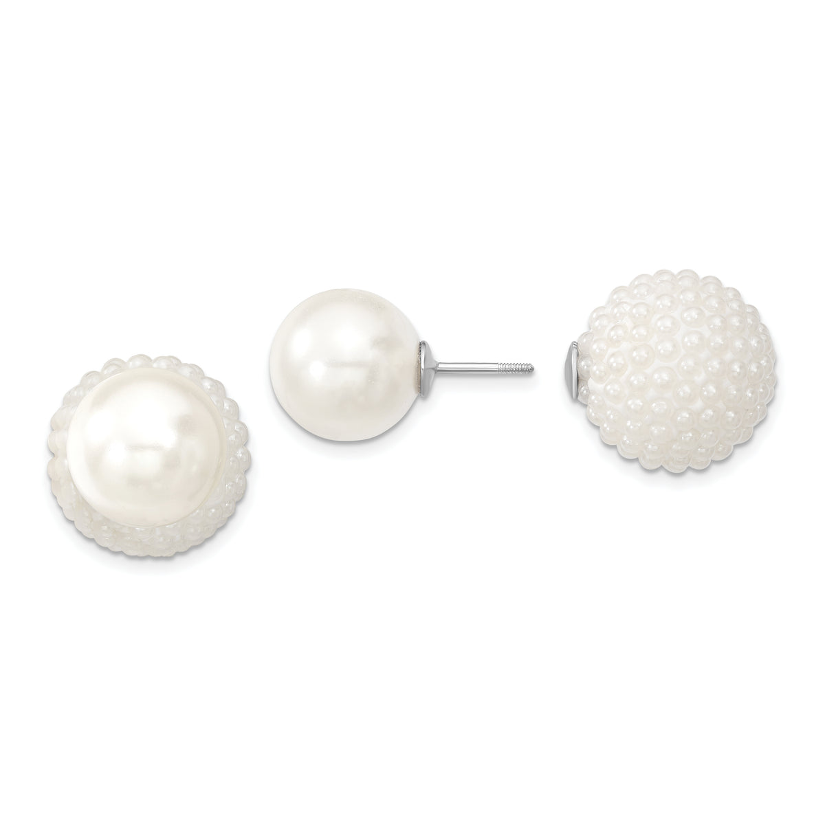 Majestik Sterling Silver Rhodium-plated 11-12mm and 15-16mm White with White Imitation Shell Pearl Front Back Post Earrings