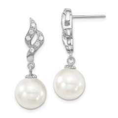 Majestik Sterling Silver Rhodium-plated 10-11mm White Imitation Shell Pearl and CZ Dangle Earrings