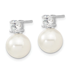 Majestik Sterling Silver Rhodium-plated 10-11mm White Imitation Shell Pearl and CZ Post Earrings