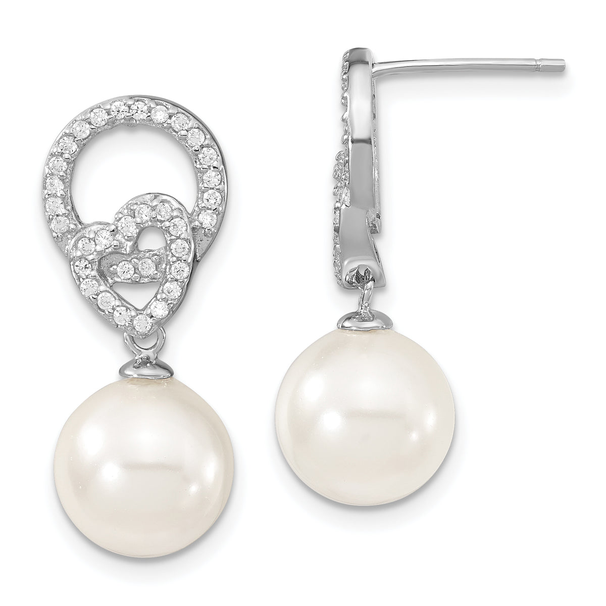 Sterling S Majestik Rh-pl 10-11mm Wht Imitat Shell Pearl & CZ Dangle Earrin