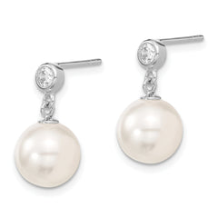 Majestik Sterling Silver Rhodium-plated 10-11mm White Imitation Shell Pearl and CZ Dangle Earrings