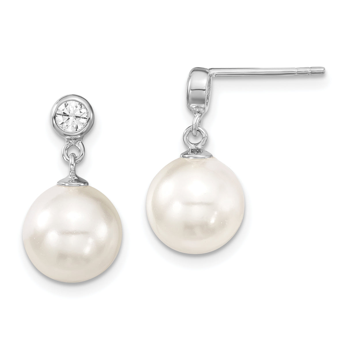 Majestik Sterling Silver Rhodium-plated 10-11mm White Imitation Shell Pearl and CZ Dangle Earrings