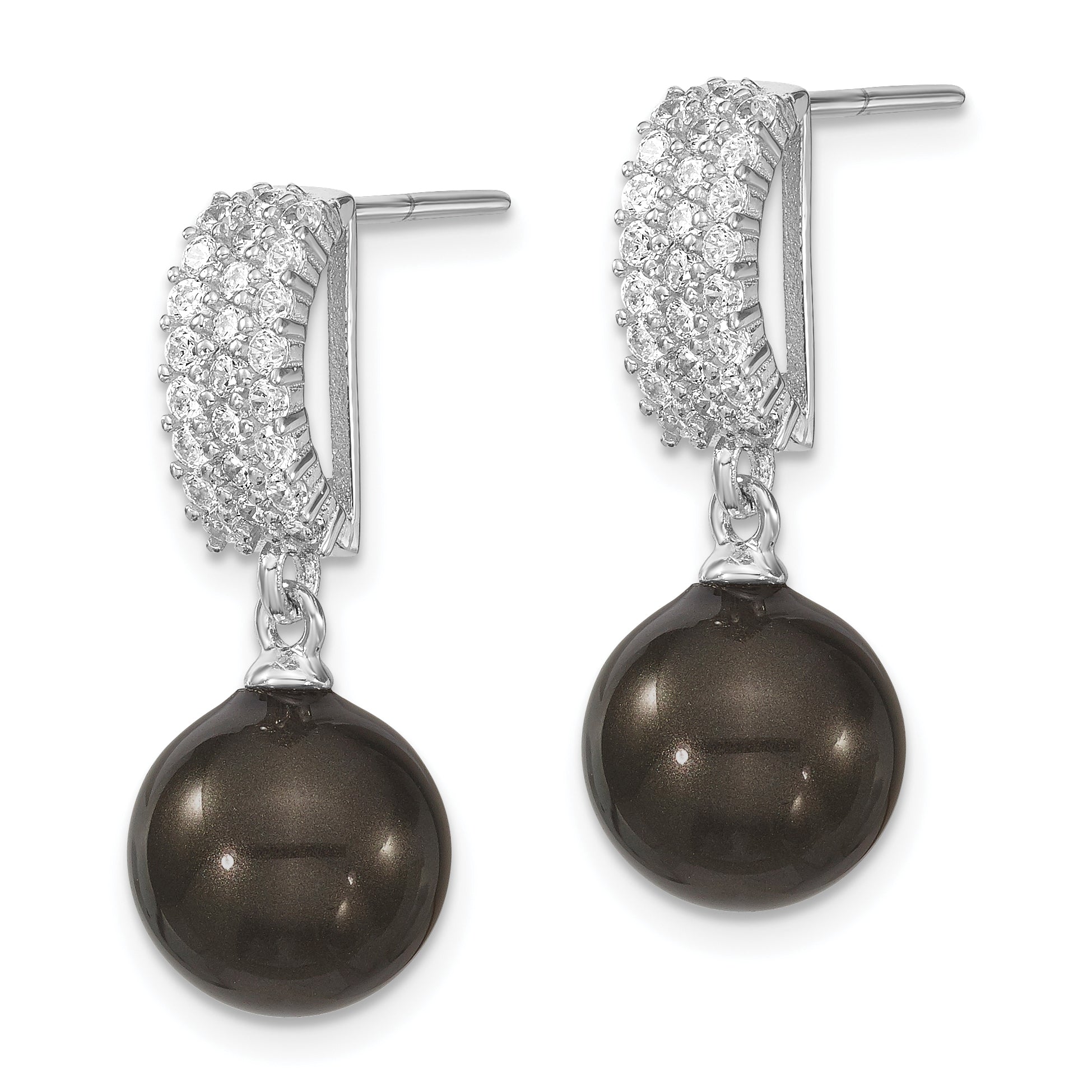 Majestik Sterling Silver Rhodium-plated 10-11mm Black Imitation Shell Pearl and CZ Post Dangle Earrings