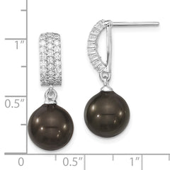 Majestik Sterling Silver Rhodium-plated 10-11mm Black Imitation Shell Pearl and CZ Post Dangle Earrings