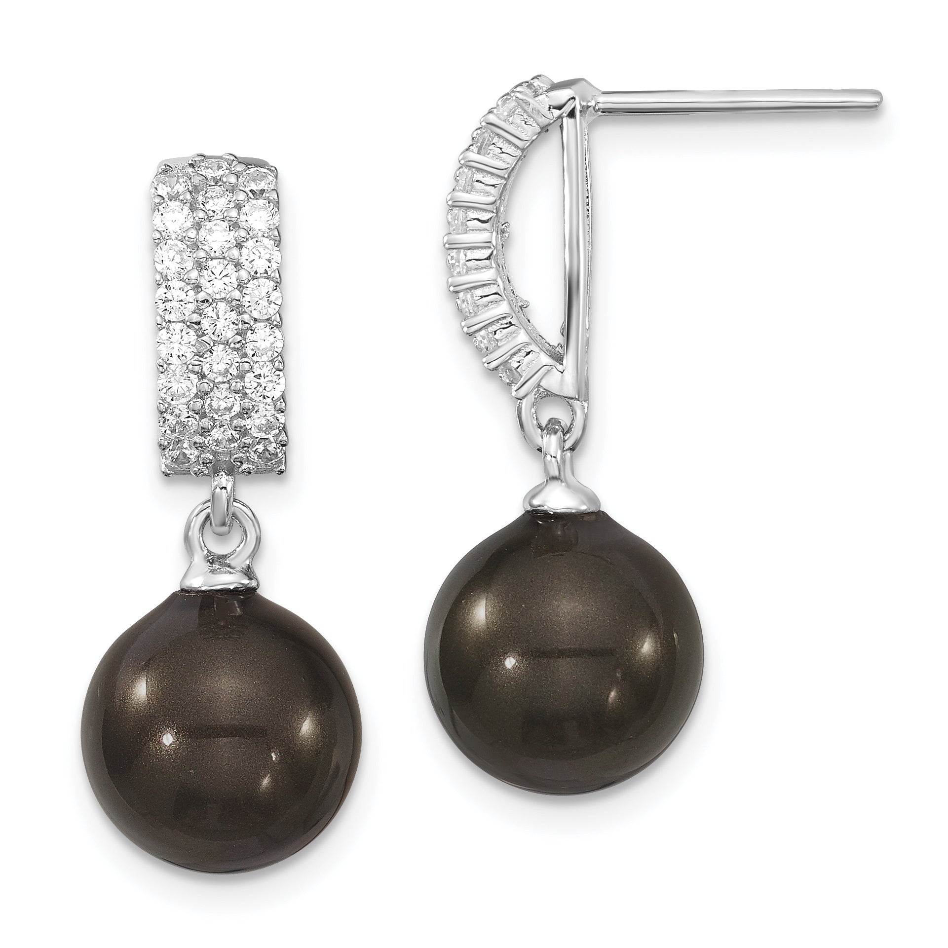 Majestik Sterling Silver Rhodium-plated 10-11mm Black Imitation Shell Pearl and CZ Post Dangle Earrings