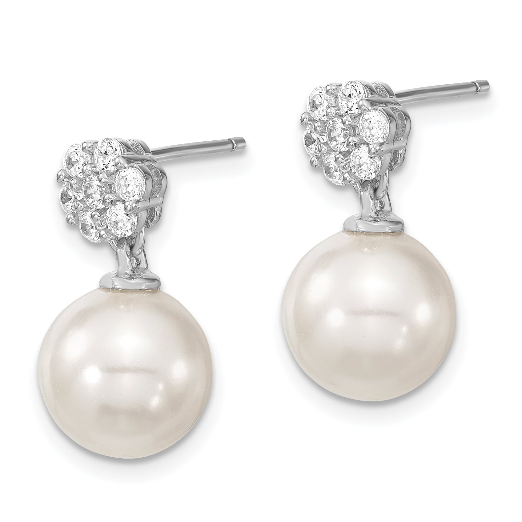 Majestik Sterling Silver Rhodium-plated 10-11mm White Imitation Shell Pearl CZ Post Dangle Earrings