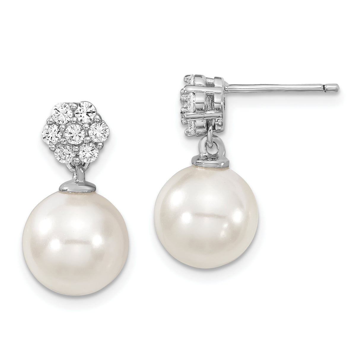 Majestik Sterling Silver Rhodium-plated 10-11mm White Imitation Shell Pearl CZ Post Dangle Earrings