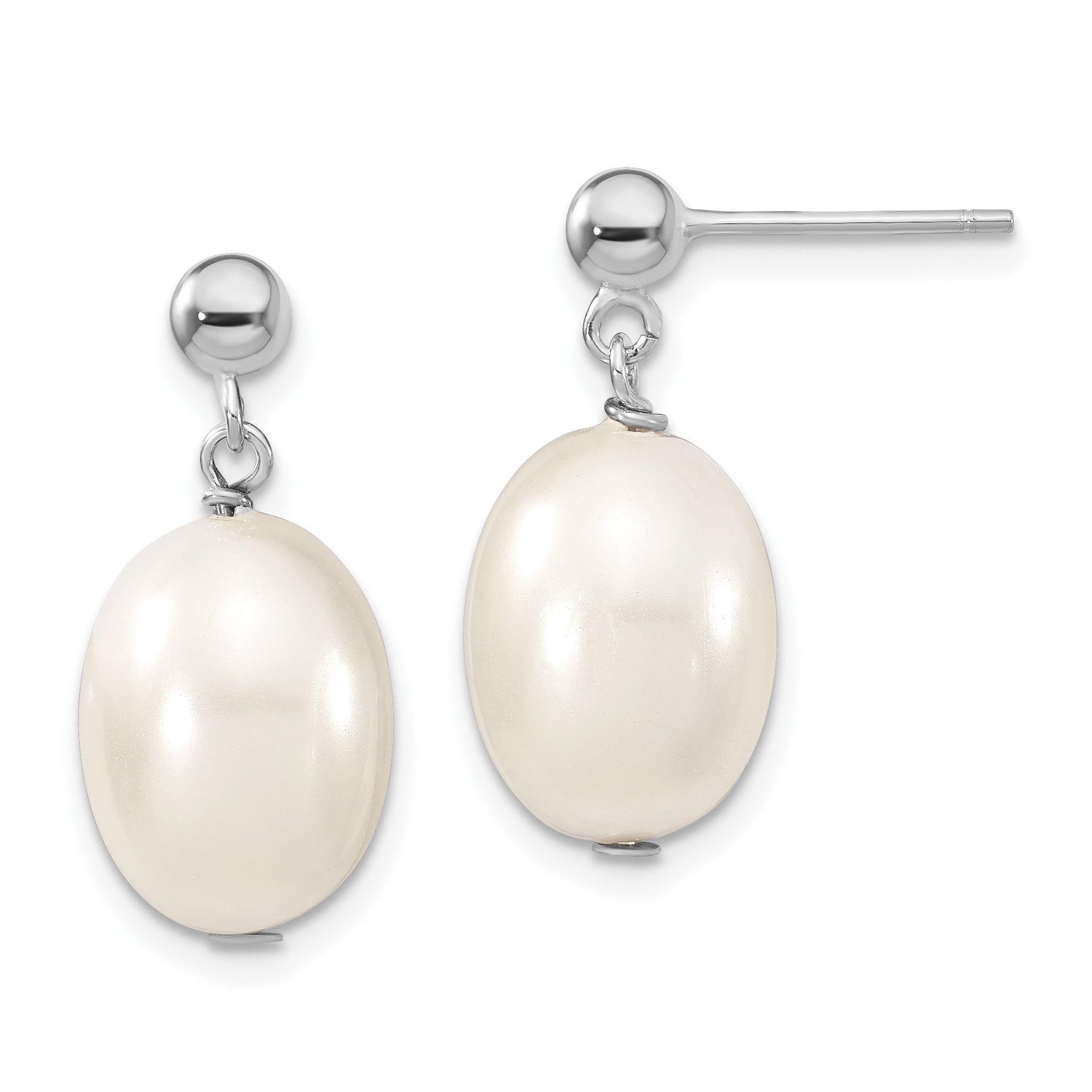 Majestik Sterling Silver Rhodium-plated 10-11mm White Rice Imitation Shell Pearl Post Dangle Earrings