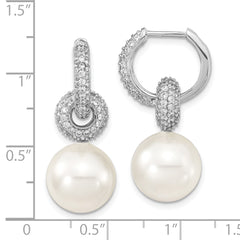 Majestik Sterling Silver Rhodium-plated 12-13mm White Imitation Shell Pearl Dangle Endless CZ Hoop Earrings