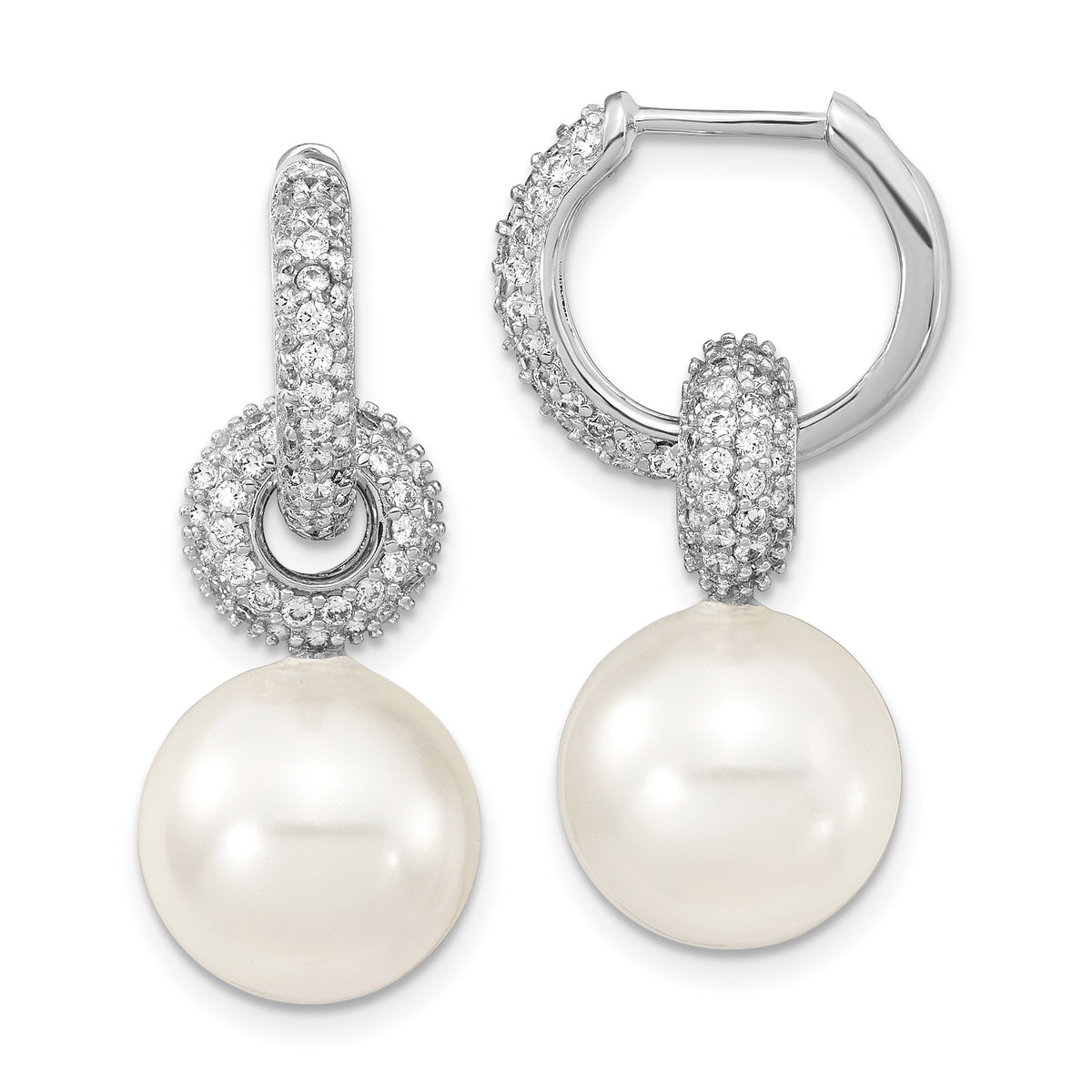 Majestik Sterling Silver Rhodium-plated 12-13mm White Imitation Shell Pearl Dangle Endless CZ Hoop Earrings