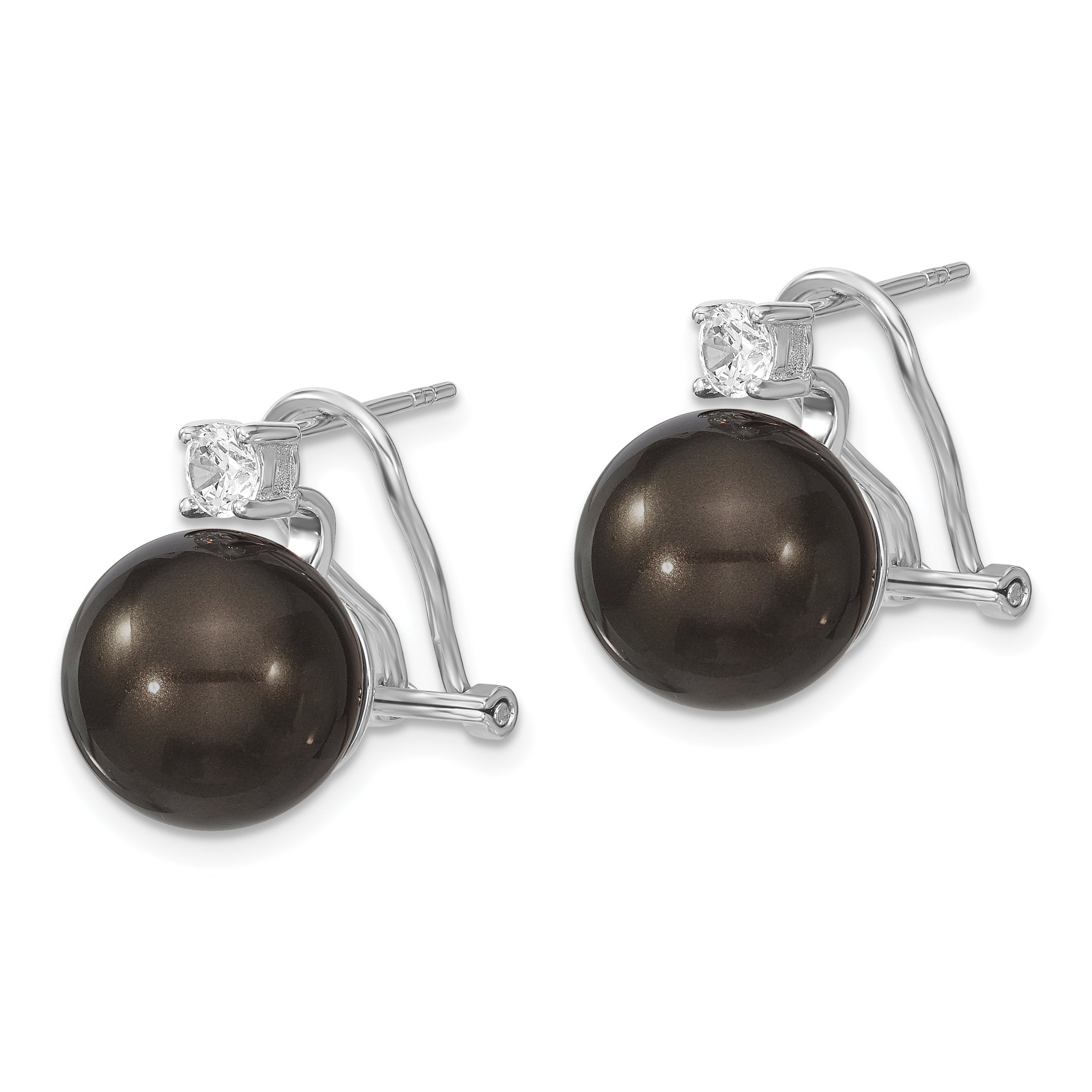 Majestik Sterling Silver Rhodium-plated 12-13mm Black Imitation Shell Pearl and CZ Omega Back Earrings