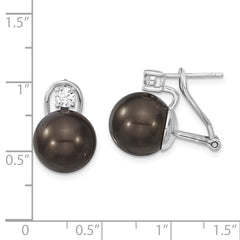 Majestik Sterling Silver Rhodium-plated 12-13mm Black Imitation Shell Pearl and CZ Omega Back Earrings