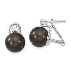 Majestik Sterling Silver Rhodium-plated 12-13mm Black Imitation Shell Pearl and CZ Omega Back Earrings