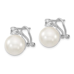 Majestik Sterling Silver Rhodium-plated 12-13mm White Shell Imitation Pearl and Clear CZ Omega Back Post Earrings