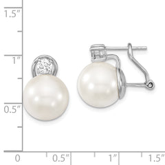 Majestik Sterling Silver Rhodium-plated 12-13mm White Shell Imitation Pearl and Clear CZ Omega Back Post Earrings