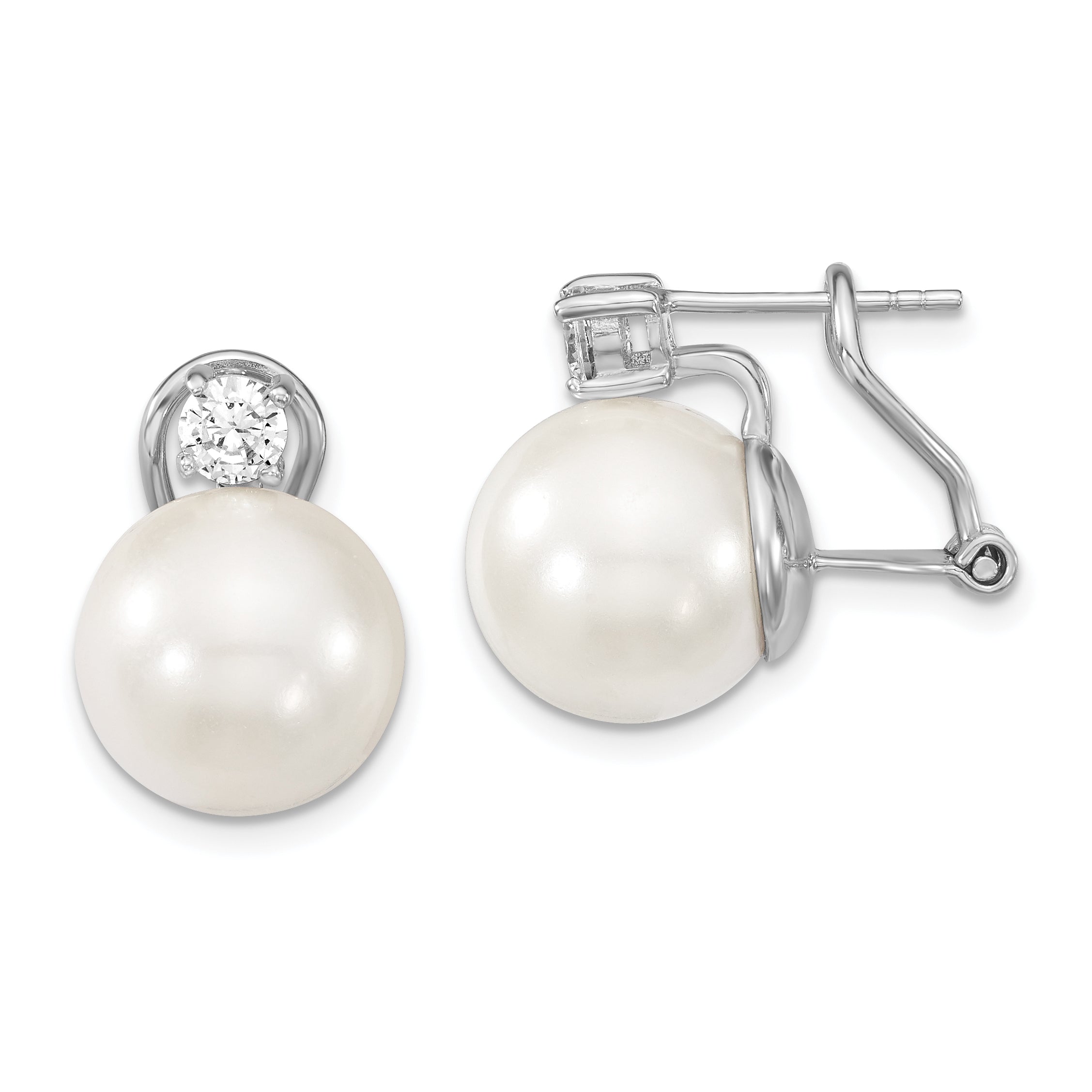 Majestik Sterling Silver Rhodium-plated 12-13mm White Shell Imitation Pearl and Clear CZ Omega Back Post Earrings