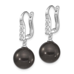 Majestik Sterling Silver Rhodium-plated 10-11mm Black Imitation Shell Pearl CZ  Hinged Post Dangle Earrings