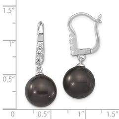 Majestik Sterling Silver Rhodium-plated 10-11mm Black Imitation Shell Pearl CZ  Hinged Post Dangle Earrings