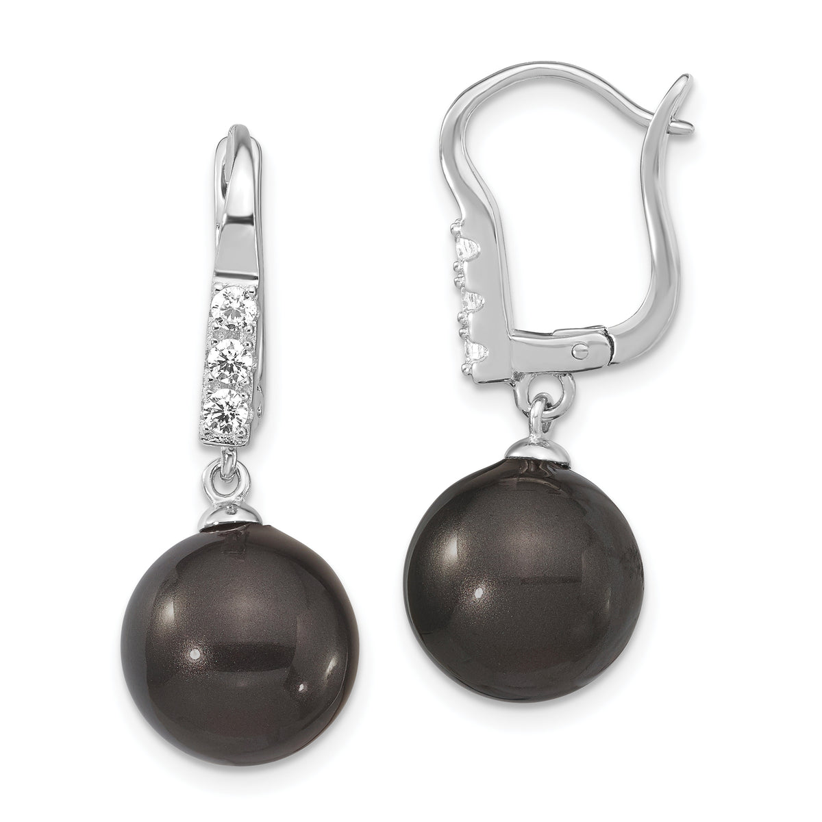 Majestik Sterling Silver Rhodium-plated 10-11mm Black Imitation Shell Pearl CZ  Hinged Post Dangle Earrings