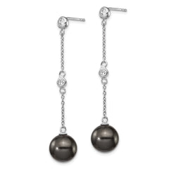 Majestik Sterling Silver Rhodium-plated CZ Bezel and 10-11mm Black Imitation Shell Pearl Post Dangle Earrings