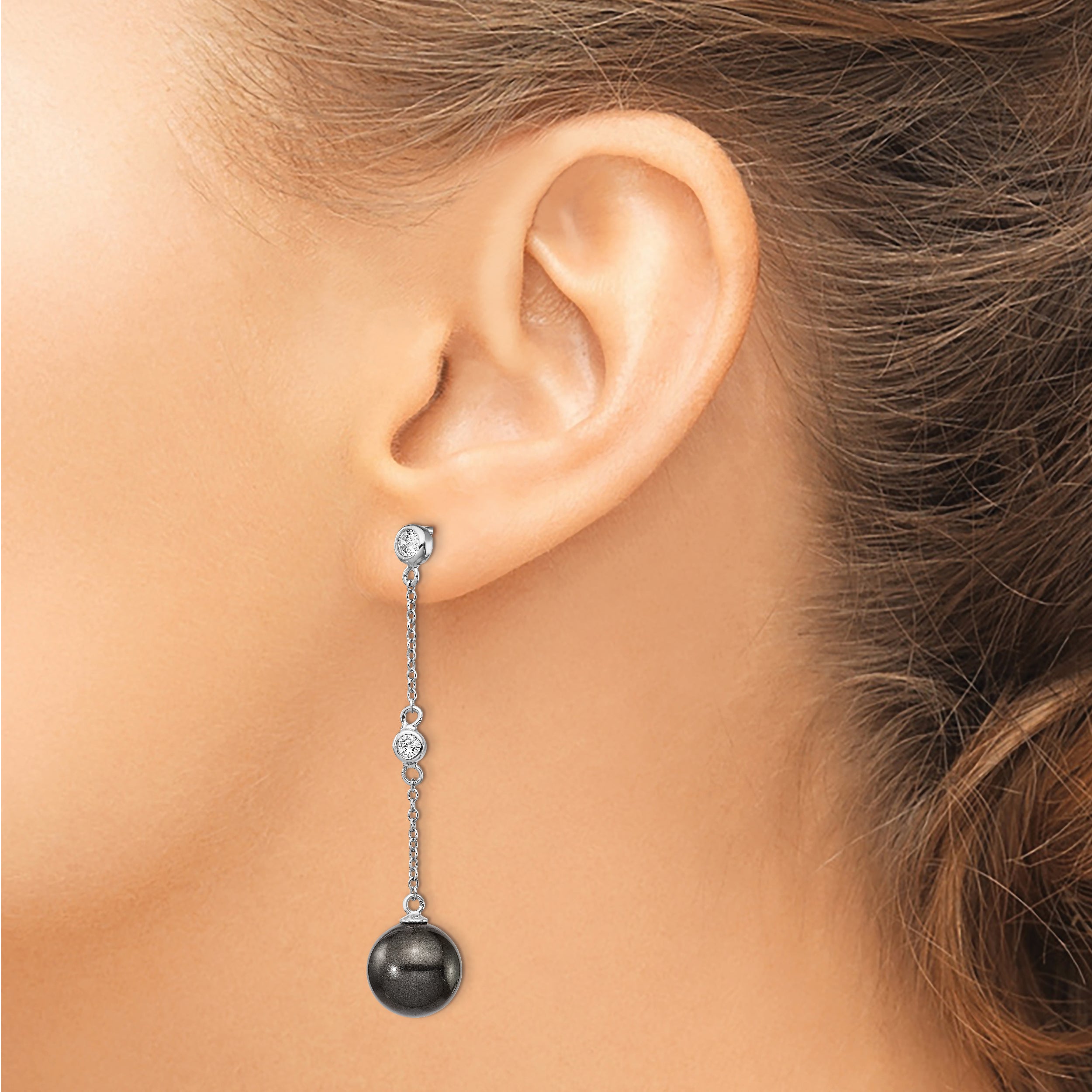 Majestik Sterling Silver Rhodium-plated CZ Bezel and 10-11mm Black Imitation Shell Pearl Post Dangle Earrings