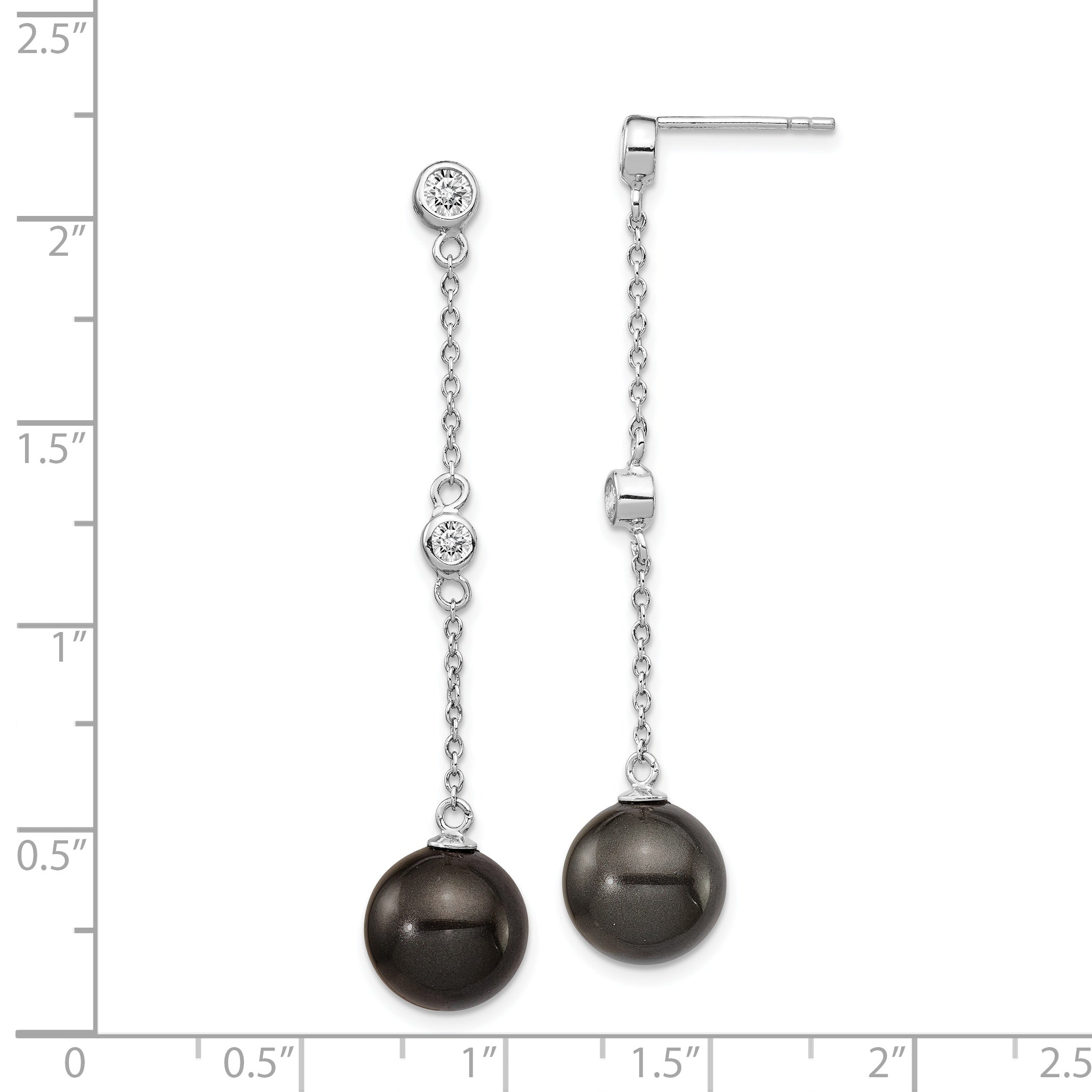 Majestik Sterling Silver Rhodium-plated CZ Bezel and 10-11mm Black Imitation Shell Pearl Post Dangle Earrings