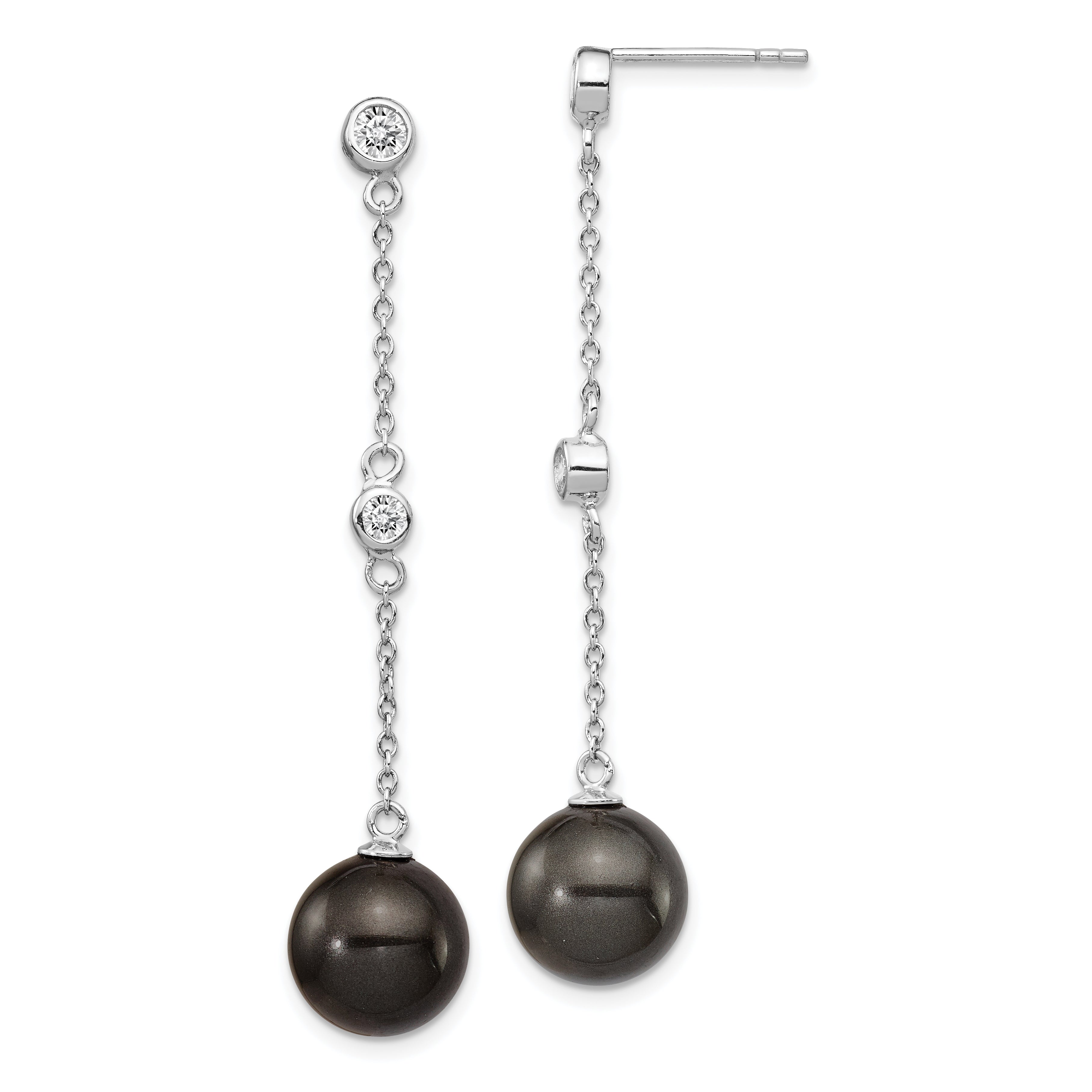 Majestik Sterling Silver Rhodium-plated CZ Bezel and 10-11mm Black Imitation Shell Pearl Post Dangle Earrings