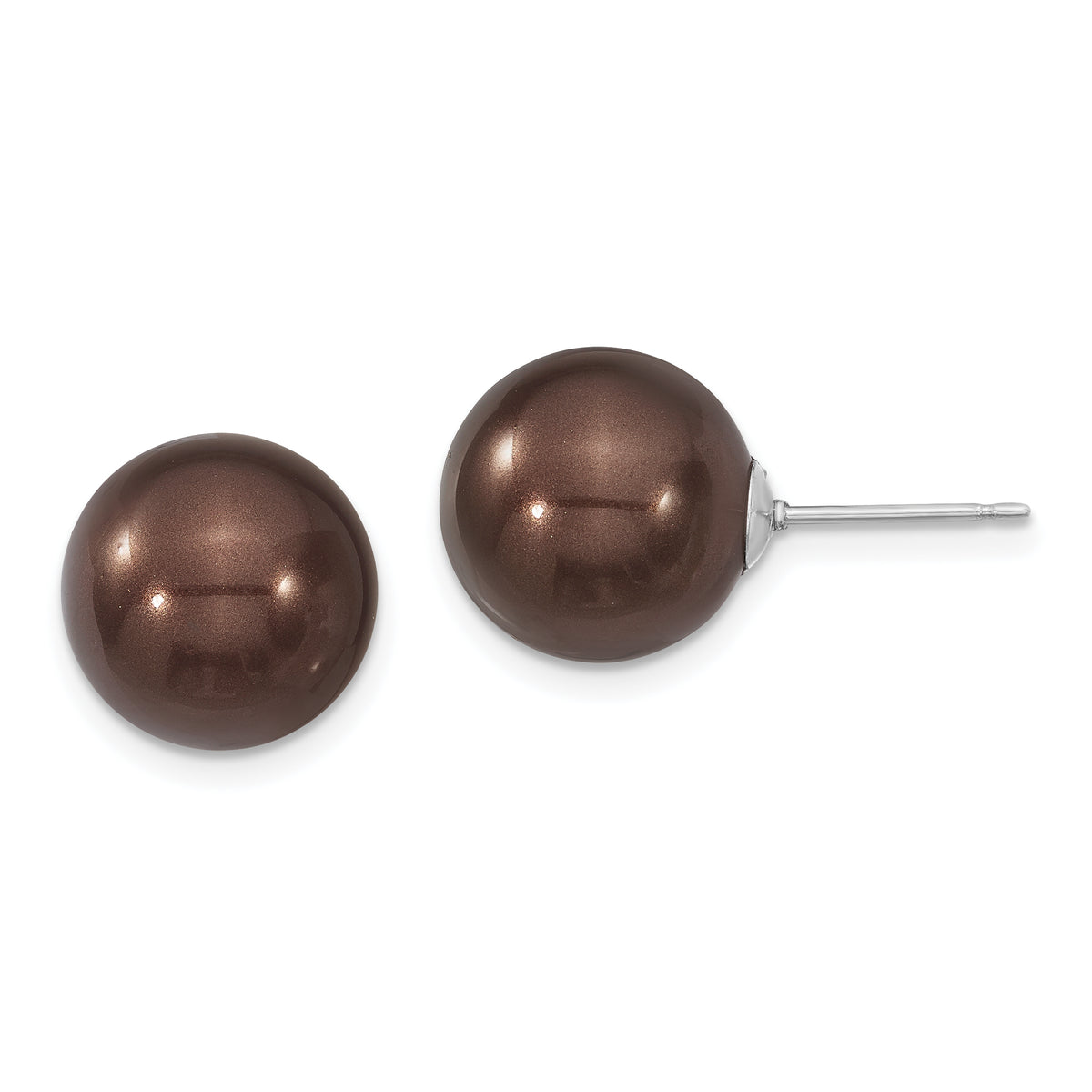 Majestik Sterling Silver Rhodium-plated 12-13mm Brown Imitation Shell Pearl Stud Earrings