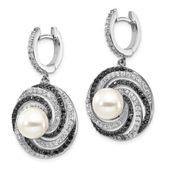 Sterling Silver Majestik Rhod-plated 8-9mm Shell Blk and Wht CZ Earrings