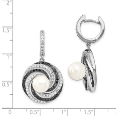 Sterling Silver Majestik Rhod-plated 8-9mm Shell Blk and Wht CZ Earrings