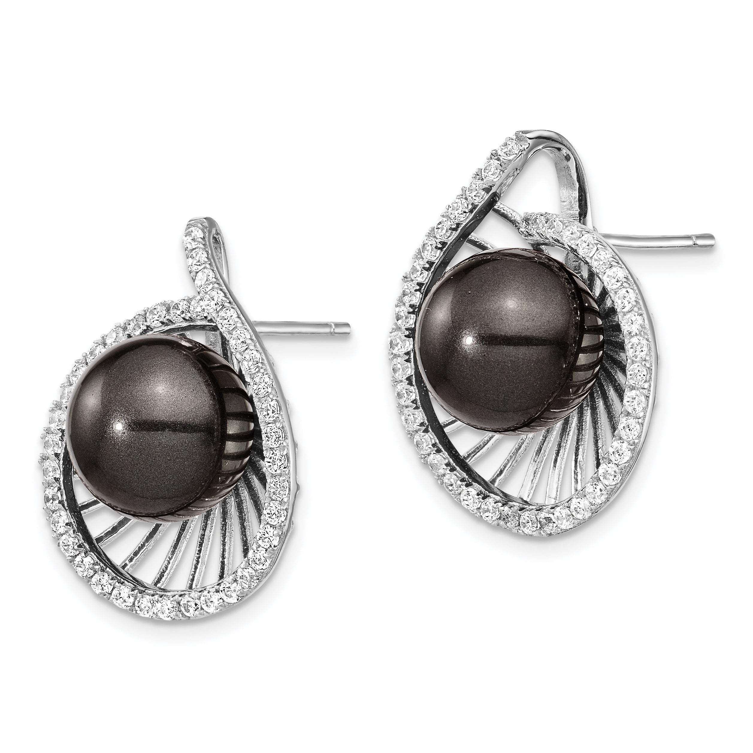 Sterling S Majestik Rh-plated 10-11mm Blk Imitat Shell Pearl CZ Earrings