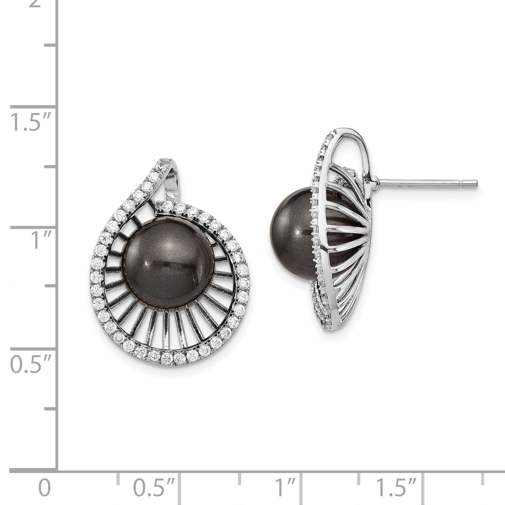 Sterling S Majestik Rh-plated 10-11mm Blk Imitat Shell Pearl CZ Earrings