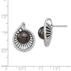 Sterling S Majestik Rh-plated 10-11mm Blk Imitat Shell Pearl CZ Earrings