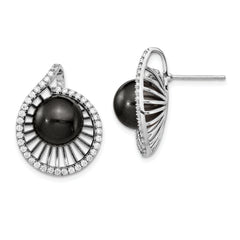 Sterling S Majestik Rh-plated 10-11mm Blk Imitat Shell Pearl CZ Earrings