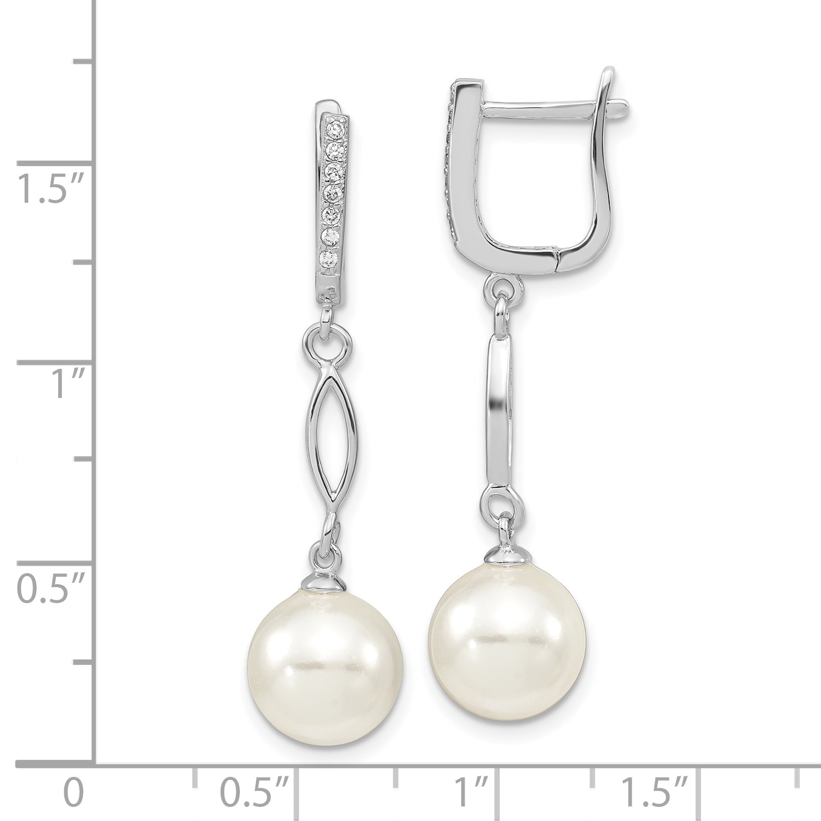 Majestik Sterling Silver Rhodium-plated CZ Hinged Hoop with 10-11mm White Imitation Shell Pearl Dangle Hinged Post Earrings