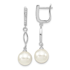 Majestik Sterling Silver Rhodium-plated CZ Hinged Hoop with 10-11mm White Imitation Shell Pearl Dangle Hinged Post Earrings