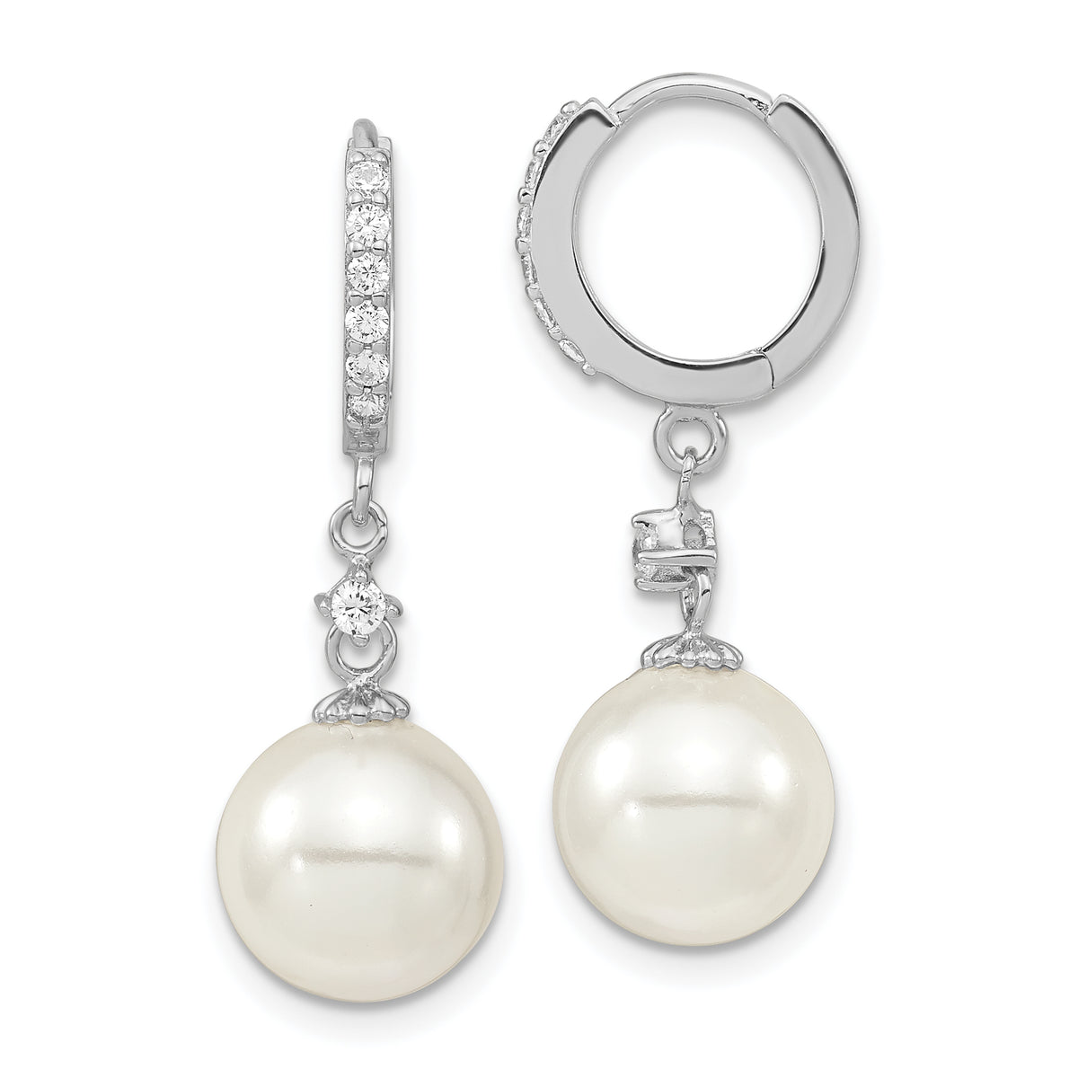 Majestic Sterling Silver Rhodium-plated 10-11mm White Imitation Shell Pearl CZ Hinged Hoop Dangle Earrings