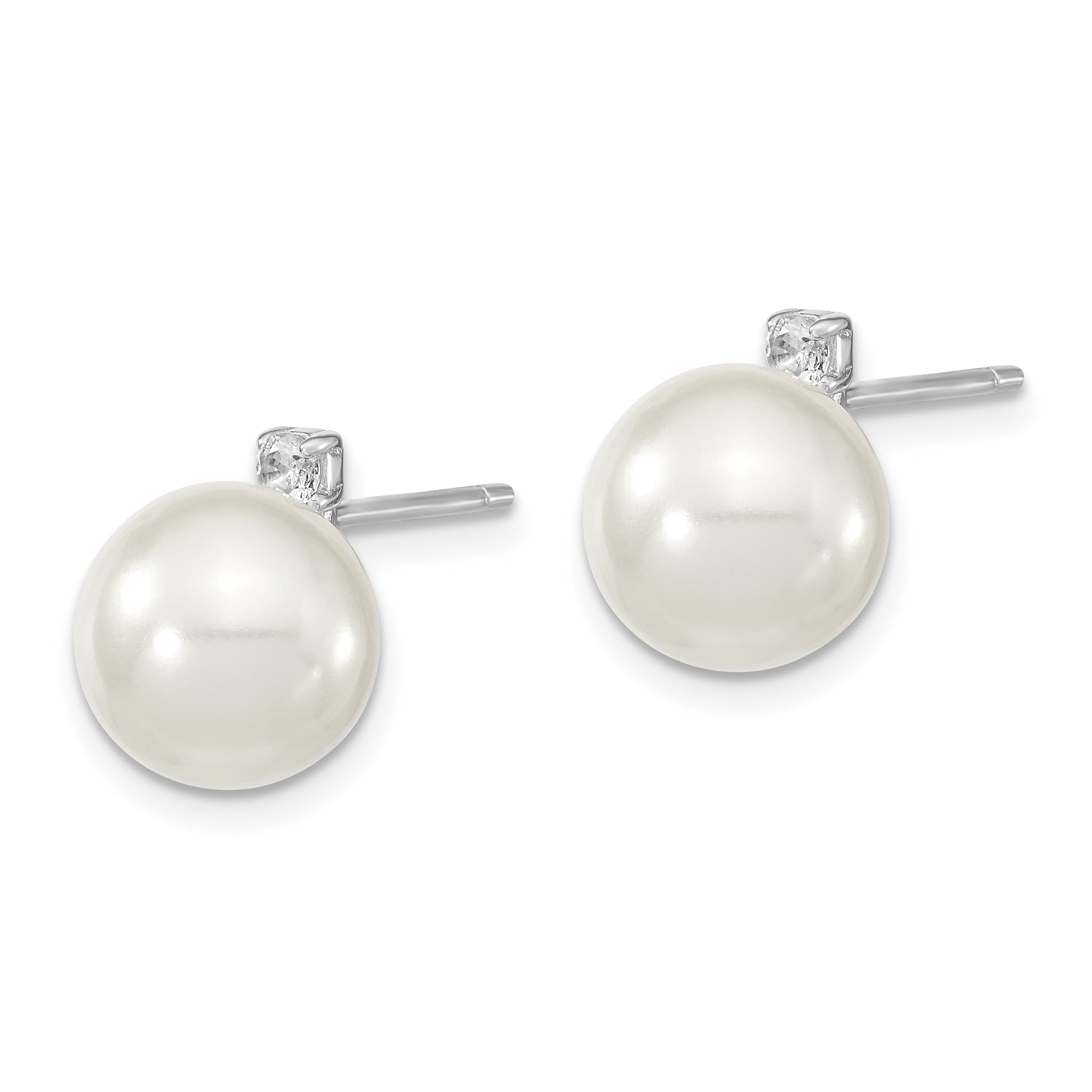 Majestik Sterling Silver Rhodium-plated 8-9mm White Imitation Shell Pearl and CZ Post Earrings