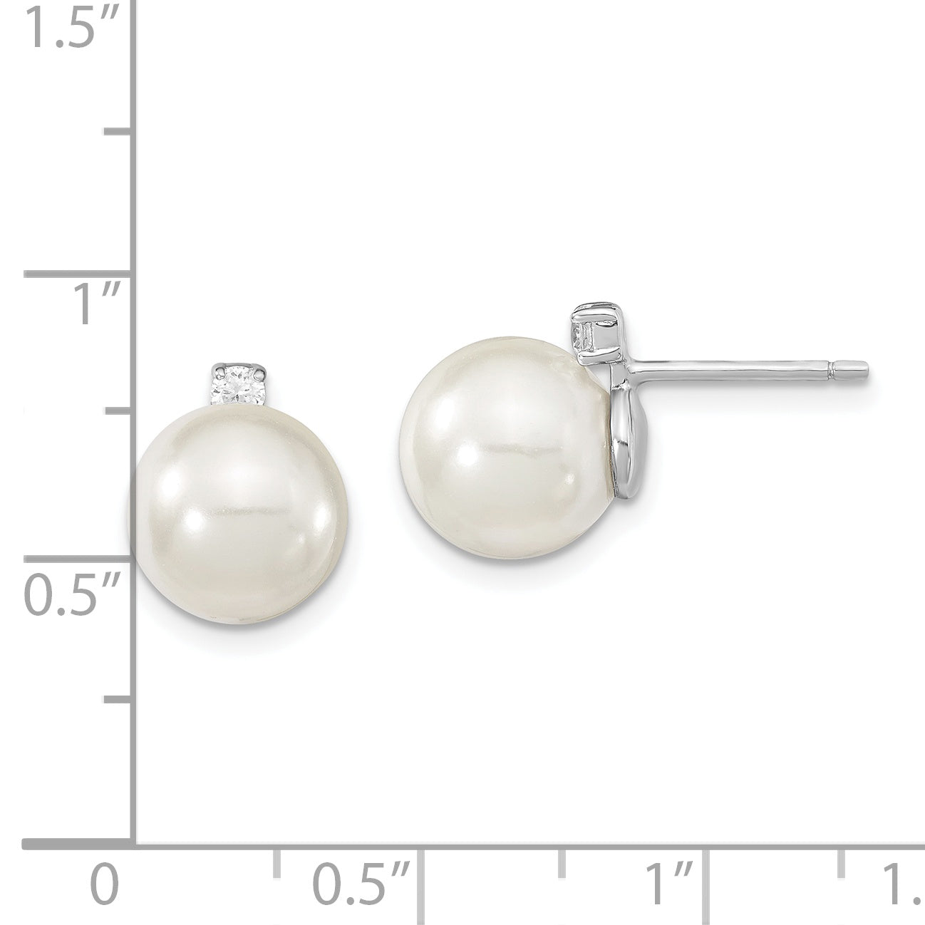 Majestik Sterling Silver Rhodium-plated 8-9mm White Imitation Shell Pearl and CZ Post Earrings