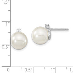 Majestik Sterling Silver Rhodium-plated 8-9mm White Imitation Shell Pearl and CZ Post Earrings